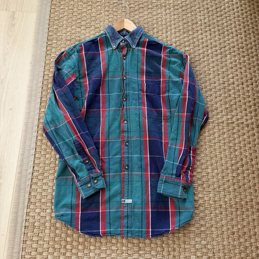 Vintage 90’s American Eagle Plaid Denim Collar Button Up Long Sleeve Men’s Sz S